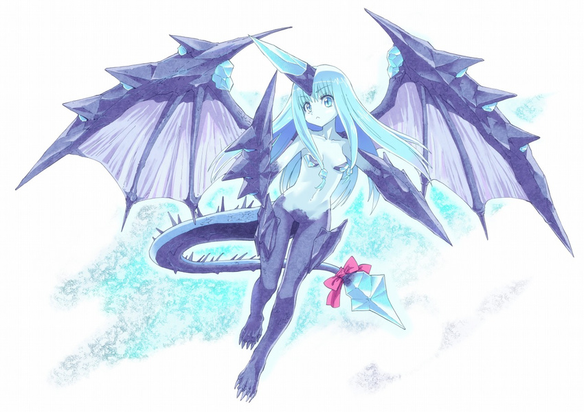:&lt; aqua_eyes aqua_hair blue_skin bow dragon_girl dragon_tail dragon_wings hinotsuki_neko horn ko_lera long_hair monster_girl phantasy_star phantasy_star_online_2 quartz_dragon tail wings