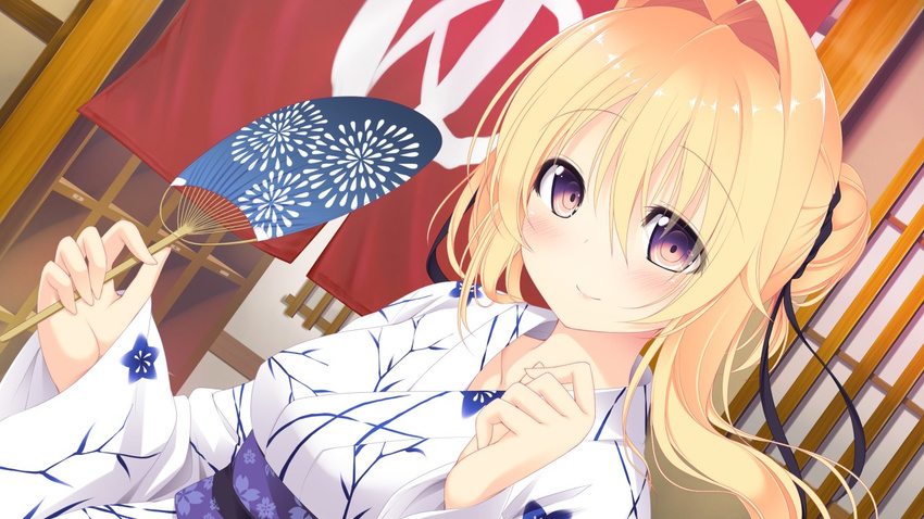 1girl blonde_hair blush breasts fan game_cg happy highres japanese_clothes kazakura kimono koi_shiyo? long_hair looking_at_viewer purple_eyes smile solo standing wind