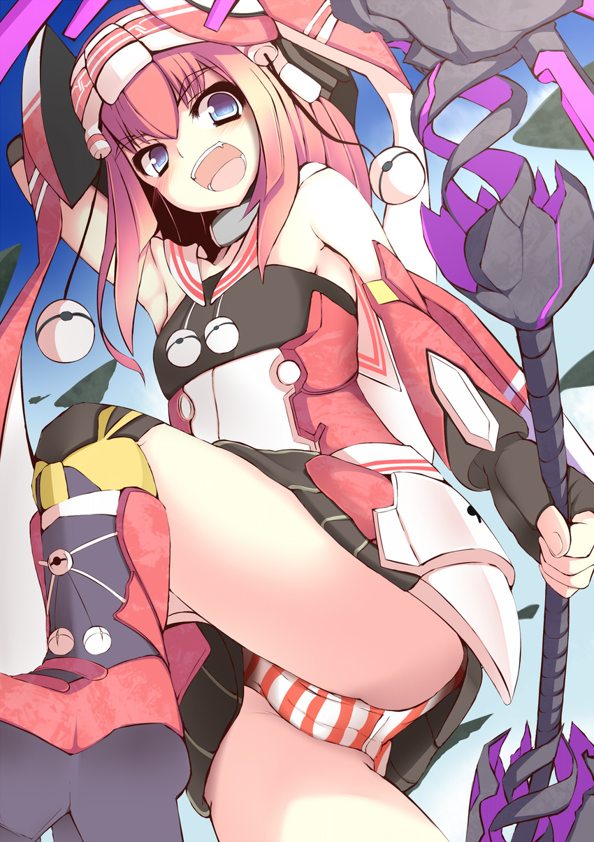 :d arm_guards arm_up blue_eyes boots clariskrays fingerless_gloves from_below gloves highres irisia_staff looking_at_viewer open_mouth panties phantasy_star phantasy_star_online_2 red_hair sleeveless smile staff striped striped_panties sukage underwear upskirt weapon