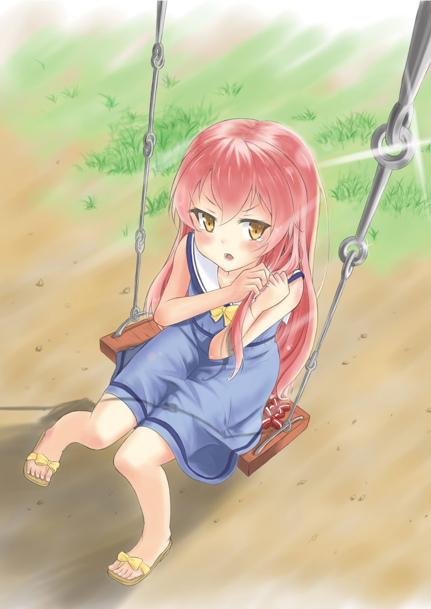 absurdres blush brown_eyes dress emanuella_porlallora from_above hentai_ouji_to_warawanai_neko. highres holding holding_hair long_hair looking_up open_mouth pink_hair sandals shitou_(1992116210) sitting solo swing tears toes
