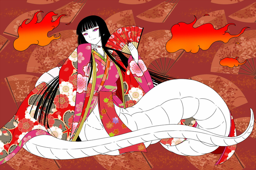 black_hair fan hime_cut japanese_clothes kimohiko lamia long_hair monster_girl nail_polish pale_skin pink_eyes spec_(artist)