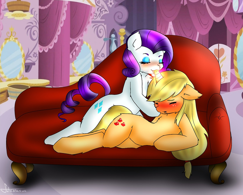 anthro anthrofied applejack_(mlp) blonde_hair blush cutie_mark duo equine female feral flat_chested freckles friendship_is_magic fur hair horn hornjob horse inside lesbian mammal mrfatcakes my_little_pony orange_fur pony rarity_(mlp) sofa sucking white_fur