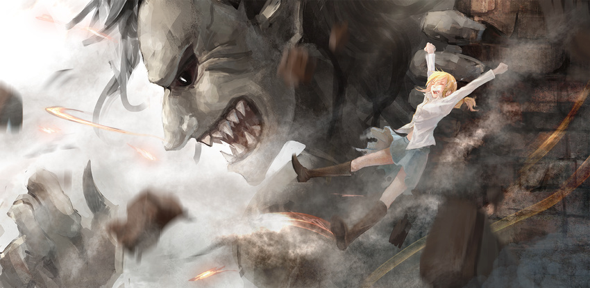 \o/ arms_up black_sclera blonde_hair boots brick christa_renz dancing_titan die_(die0118) giant highres outstretched_arms ponytail shingeki_no_kyojin shirt skirt spoilers teeth white_shirt