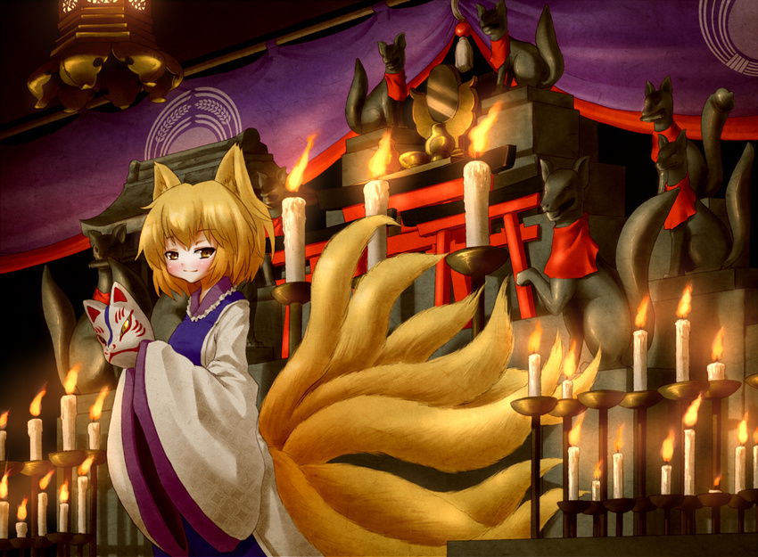 animal_ears arinu blonde_hair blush candle fox fox_ears fox_mask fox_tail highres holding inari looking_at_viewer mask mini_torii multiple_tails multiple_torii shinto short_hair shrine smile solo statue tabard tail torii touhou yakumo_ran yellow_eyes