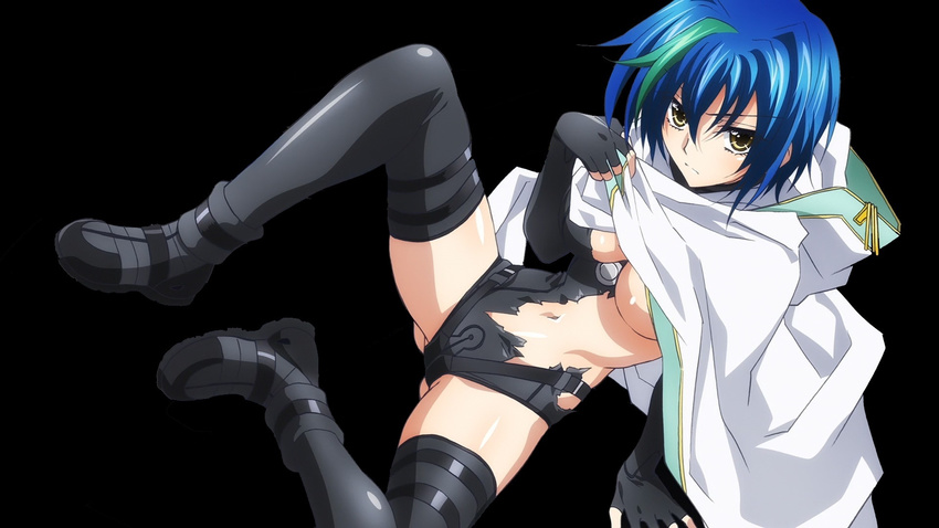 1girl blue_hair boots breasts high_school_dxd highres large_breasts lying solo spread_legs torn_clothes xenovia_(high_school_dxd)