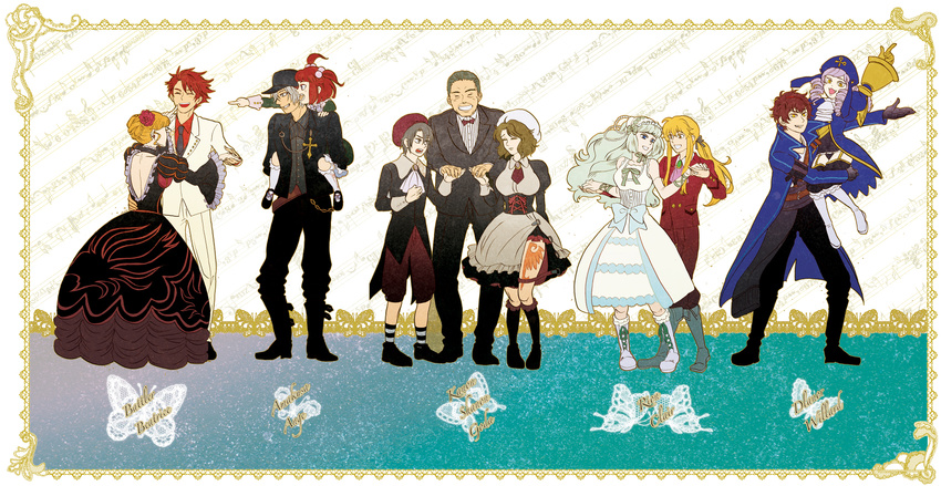 6+boys amakusa_juuza bare_back beatrice black_hair blonde_hair blue_eyes bonnet boots bow bowtie brown_hair bug butterfly carrying character_name choker clair_vaux_bernardus closed_eyes coat cravat cross dancing dlanor_a_knox dress eiserne_jungfrau fang flower formal gouda_toshirou grin hair_bobbles hair_bun hair_flower hair_ornament hair_ribbon hat highres index_finger_raised insect juliet_sleeves kanon_(umineko) kneehighs long_sleeves maid multiple_boys multiple_girls musical_note open_mouth piggyback pointing ponytail puffy_sleeves purple_hair red_hair ribbon rose shannon silver_hair smile striped striped_legwear suit thighhighs twintails umineko_no_naku_koro_ni ushiromiya_ange ushiromiya_battler ushiromiya_lion white_legwear willard_h_wright yellow_eyes younger yuya_(aruka)