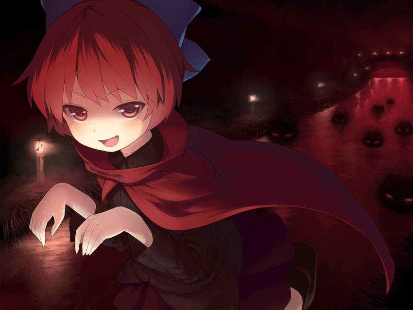 bow bridge cape claw_pose hair_bow lantern looking_at_viewer nichiki paper_lantern red red_eyes red_hair river sekibanki shaded_face short_hair solo stream touhou youkai
