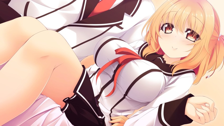 1girl bed blonde_hair blush breasts couple game_cg hand_on_hip highres huge_breasts kazakura koi_shiyo? legs looking_at_viewer red_eyes school_uniform short_hair sitting skirt smile thighs