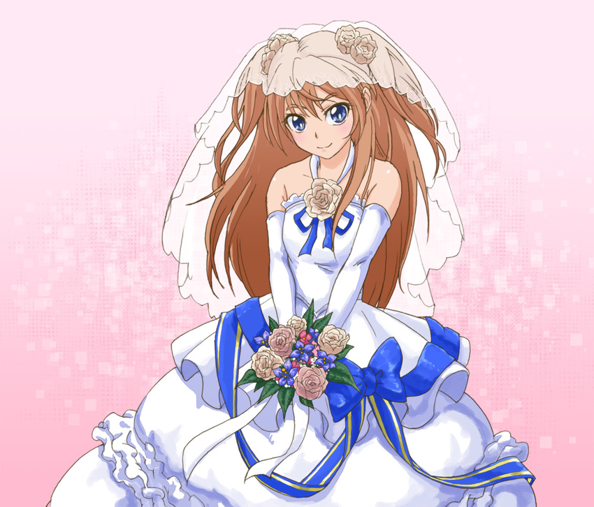arm_warmers bare_shoulders blue_eyes bouquet brown_hair brown_rose detached_sleeves dress flower gloves gown hair_ornament happy houjou_hibiki long_hair looking_at_viewer pink_background precure ribbon smile solo suite_precure uyoshi wedding_dress