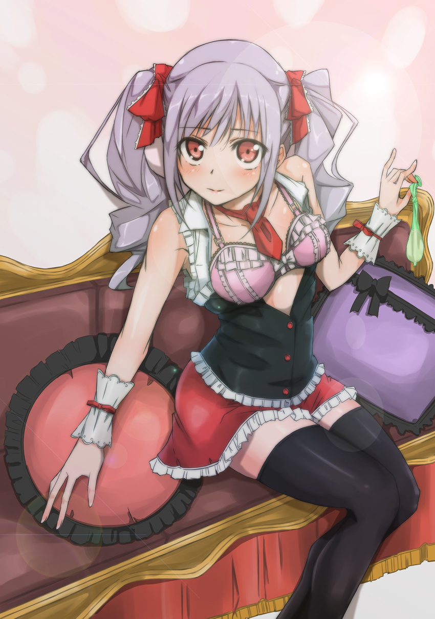 black_legwear bra butayaro collarbone condom couch drill_hair frilled_pillow frills highres idolmaster idolmaster_cinderella_girls kanzaki_ranko pillow red_eyes short_hair silver_hair smile solo thighhighs twintails underwear wrist_cuffs