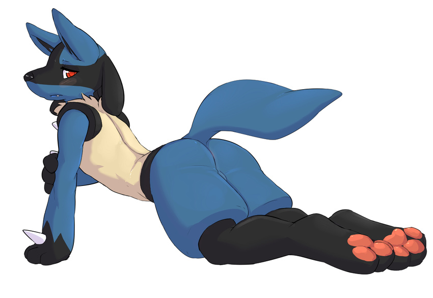 arm_support balls barefoot black_nose blush butt canine embarrassed fangs hindpaw looking_at_viewer lucario male mammal nintendo pawpads paws pink_pawpads plain_background pok&#233;mon pok&eacute;mon pose red_eyes seth-iova soles solo toes video_games white_background