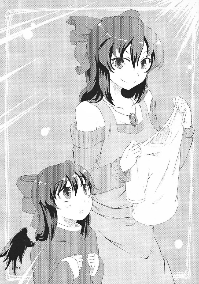 alternate_costume apron bare_shoulders black_hair bow child comic greyscale hair_bow highres jewelry kokuu_haruto kuro_goma_(kakkou11) long_hair monochrome mother_and_daughter multiple_girls necklace non-web_source off-shoulder_sweater original reiuji_utsuho shirt smile sweater touhou wings younger