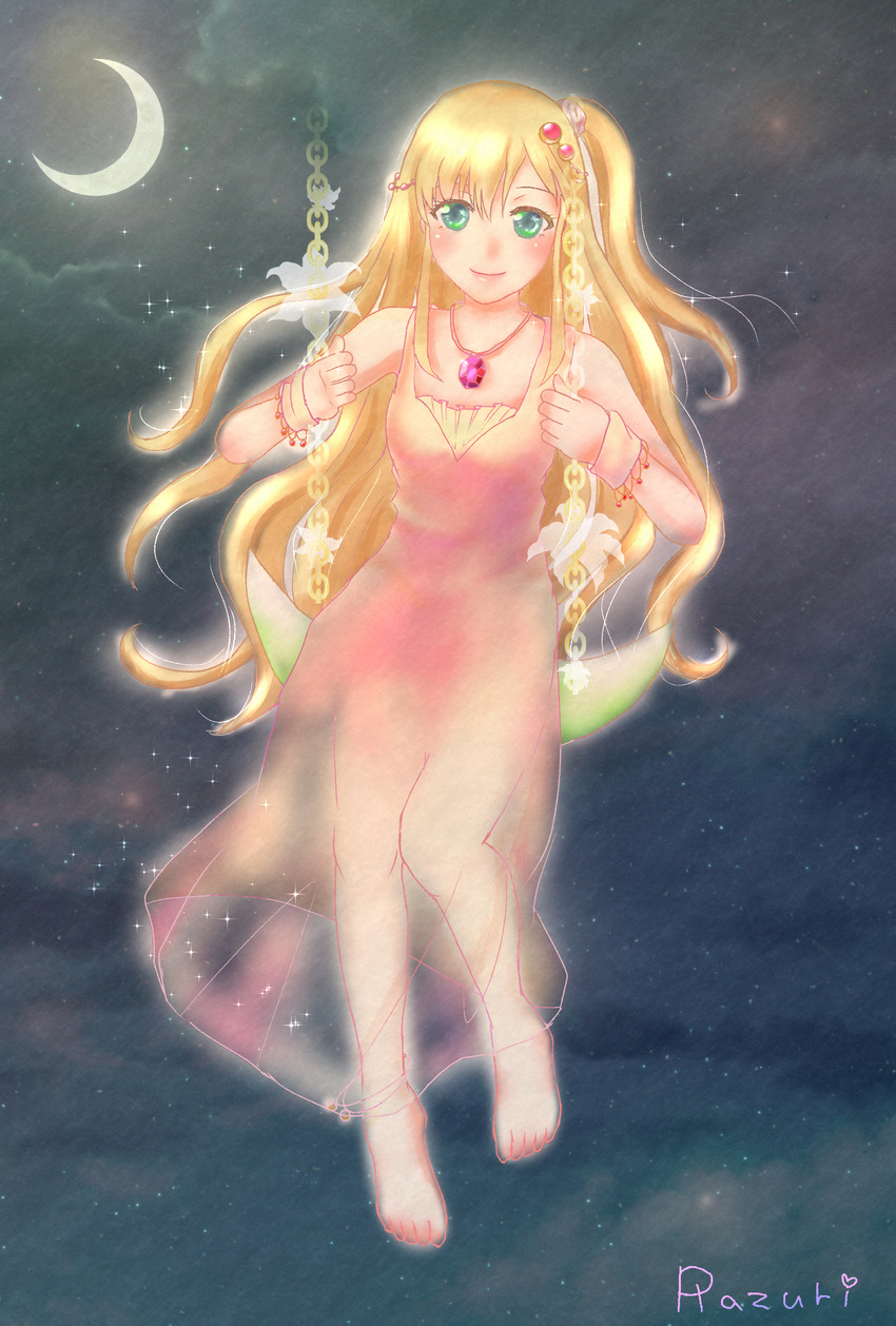 anklet barefoot blonde_hair crescent_moon dress green_eyes highres jewelry long_hair moon night original see-through side_ponytail smile solo