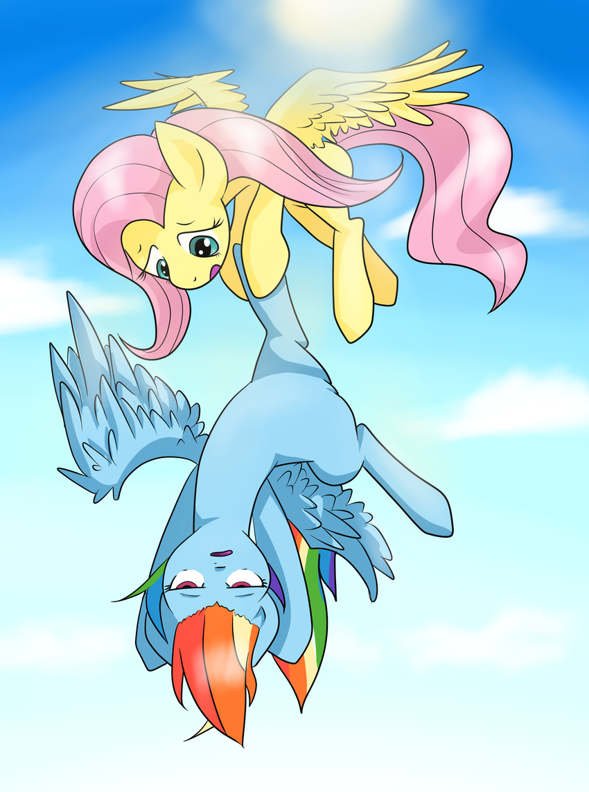 cloud clouds duo equine female feral fluttershy_(mlp) friendship_is_magic fur green_eyes gripping hair hanging_on holding horse long_hair looking_at_viewer mammal multi-colored_hair my_little_pony nekokevin open_mouth outside pegasus pink_hair pony purple_eyes rainbow_dash_(mlp) rainbow_hair sky sun upside_down wings yellow_fur