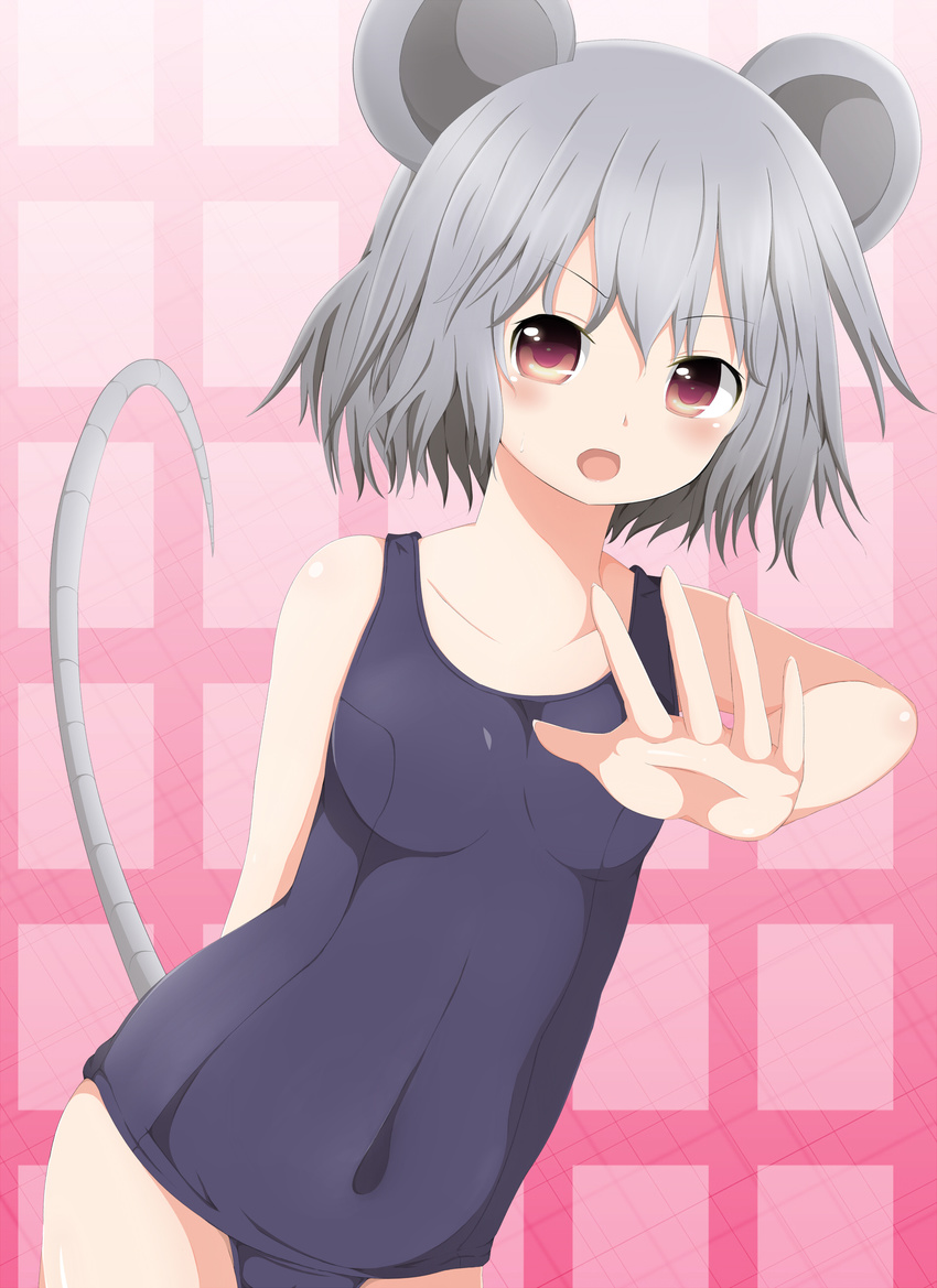 absurdres animal_ears bad_id bad_pixiv_id blush covered_navel grey_hair highres masa_masa mouse_ears mouse_tail nazrin one-piece_swimsuit red_eyes school_swimsuit short_hair solo sweatdrop swimsuit tail touhou