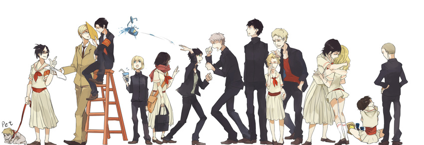 6+girls annie_leonhardt arguing armband armin_arlert bag bertolt_hoover christa_renz connie_springer eating eren_yeager erwin_smith formal gakuran hands_on_hips hange_zoe highres hug jean_kirchstein kiki7 ladder levi_(shingeki_no_kyojin) mikasa_ackerman multiple_boys multiple_girls necktie pet reiner_braun sasha_braus scarf school_bag school_uniform serafuku shingeki_no_kyojin suit titan_(shingeki_no_kyojin) ymir_(shingeki_no_kyojin)