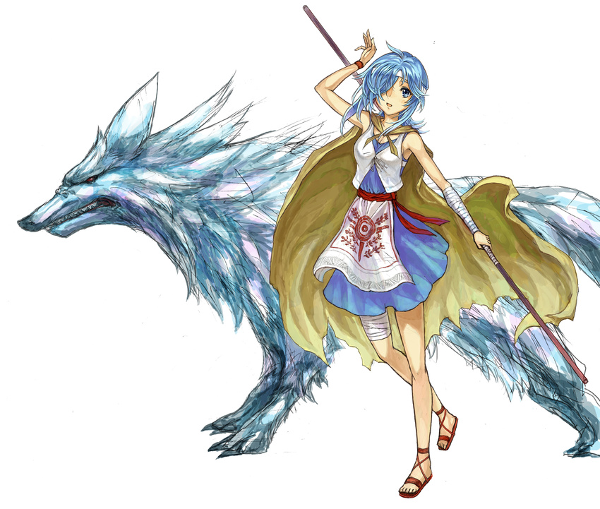 absurdres armpits bandages blue_eyes blue_hair cloak cocoroten dress hair_over_one_eye highres original simple_background solo staff white_background wolf
