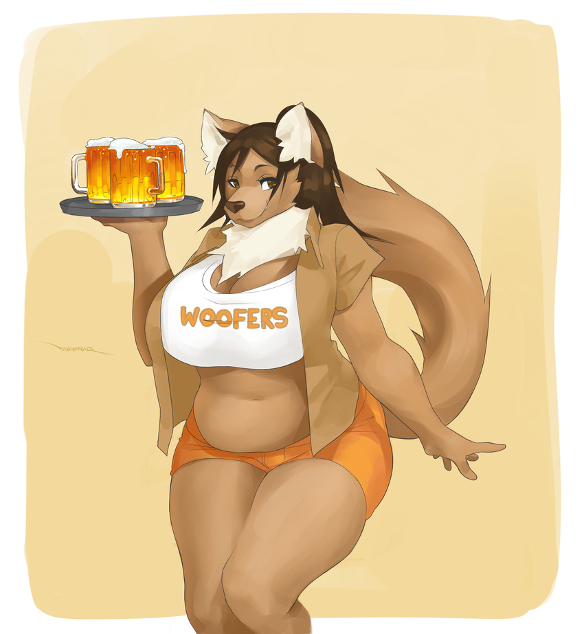 alcohol anthro beer beverage big_breasts black_hair black_nose breasts brown_background brown_eyes brown_fur canine chest_tuft chubby cleavage clothed clothing dog fangdangler female fur glass hair hi_res looking_at_viewer mammal plain_background shirt short_hair shorts smile solo standing tray tuft white_fur