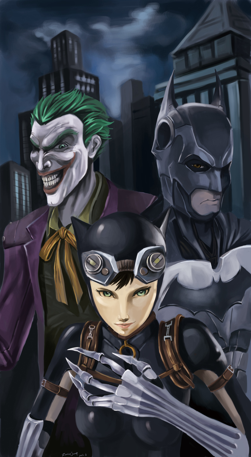 2boys absurdres animal_ears batman batman_(series) bodysuit bow cat_ears catwoman claws dc_comics evil_grin evil_smile facepaint goggles green_hair grin highres injustice:_gods_among_us multiple_boys smile the_joker zombie_jump