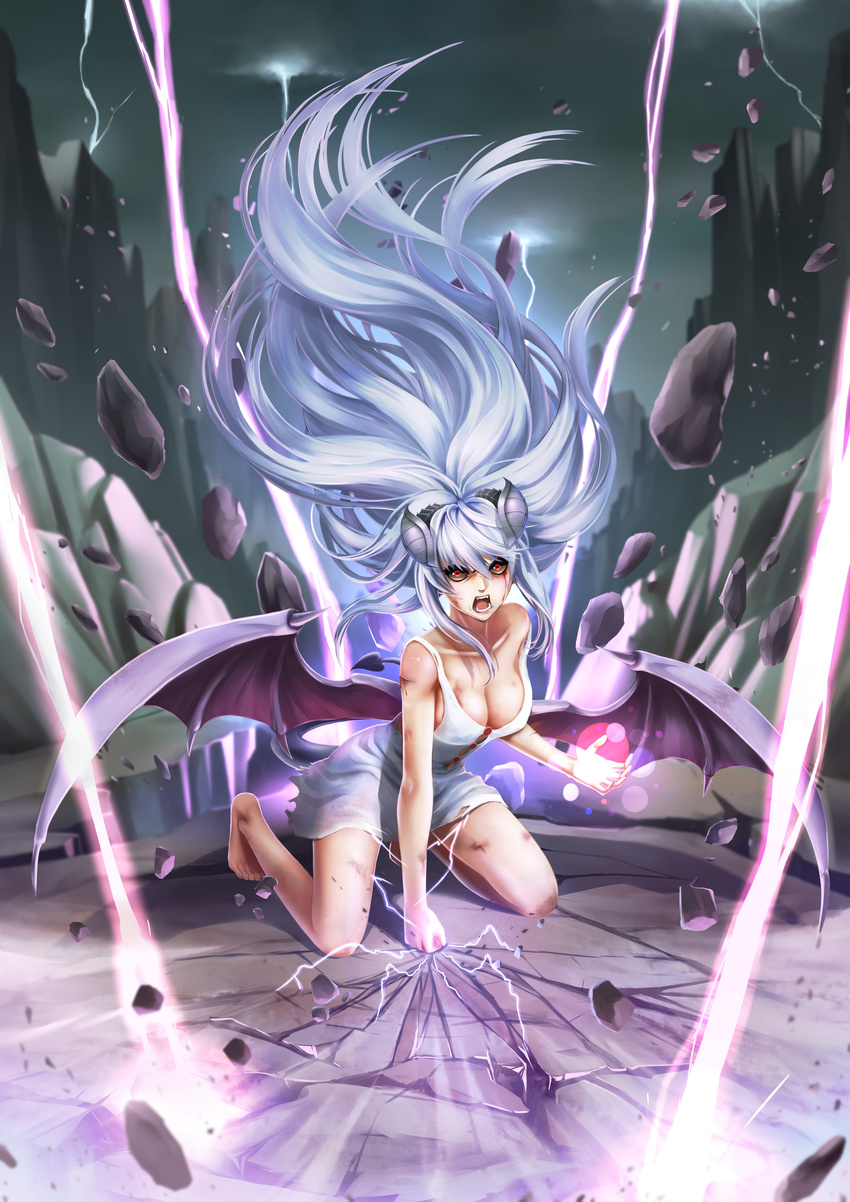absurdres angry barefoot black_sclera blood breasts cleavage clenched_hand commentary cuts demon_girl demon_horns demon_tail demon_wings dress fangs ground_shatter highres horns injury kneeling lightning lilim_(monster_girl_encyclopedia) long_hair mari_(maritan) maritan_(pixelmaritan) medium_breasts monster_girl_encyclopedia off_shoulder open_mouth original red_eyes silver_hair solo succubus tail wings
