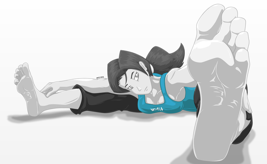 1girl barefoot black_hair capri_pants feet flexible highres nintendo pale_skin pants ponytail pov_feet soles solo toes trainer_(wii_fit) wii_fit wii_fit_trainer