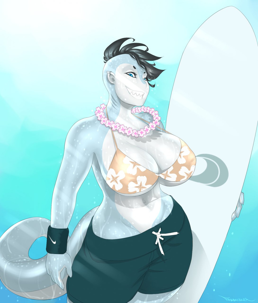 big_breasts bikini black_hair blue_eyes blue_skin breasts cleavage clothed clothing ear_piercing fangdangler fangs female fish grin hair looking_at_viewer marine navel outside piercing shark short_hair shorts smile solo surfboard swimsuit tight_clothing wet white_skin wide_hips