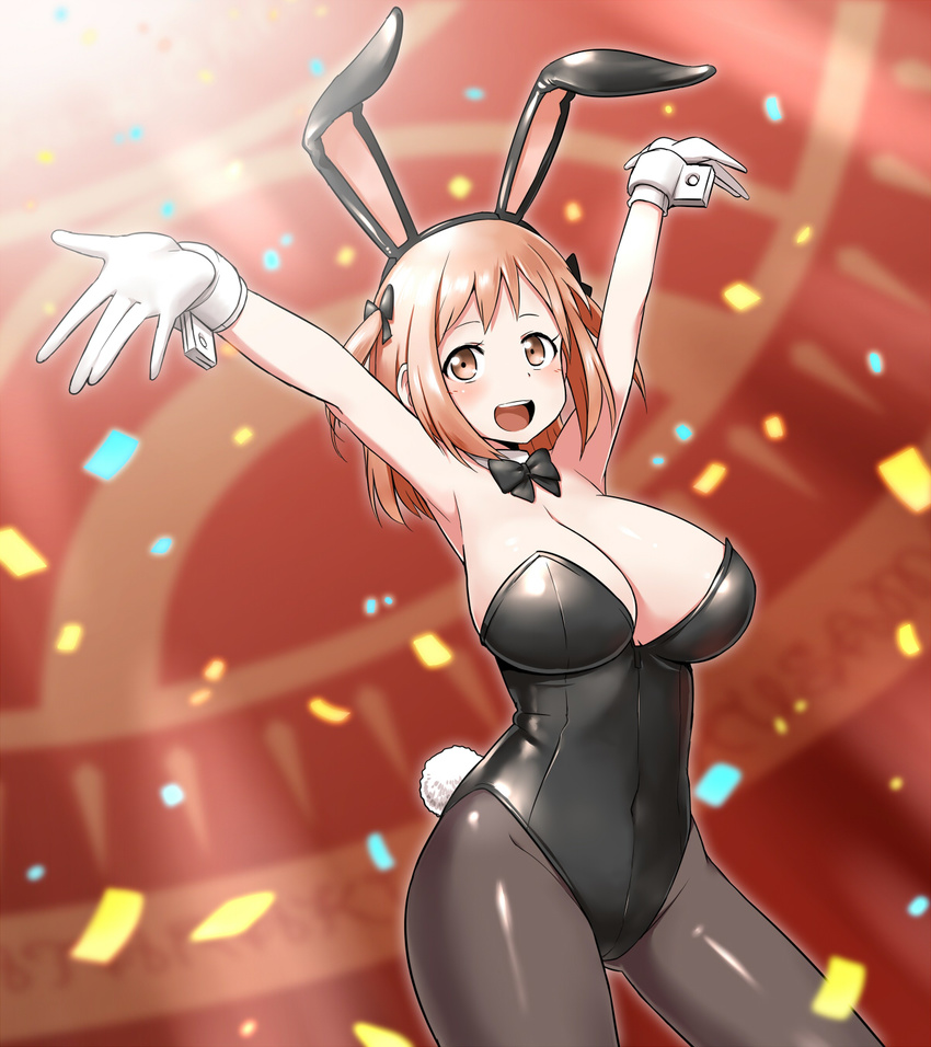 :d animal_ears armpits arms_up black_legwear blush bow bowtie breasts brown_eyes brown_hair bunny_ears bunny_girl bunny_tail bunnysuit cleavage confetti covered_navel detached_collar fake_animal_ears gloves hair_bow hataraku_maou-sama! highres large_breasts md5_mismatch open_mouth pantyhose sasaki_chiho short_hair short_twintails smile solo tail twintails white_gloves wrist_cuffs zaxwu