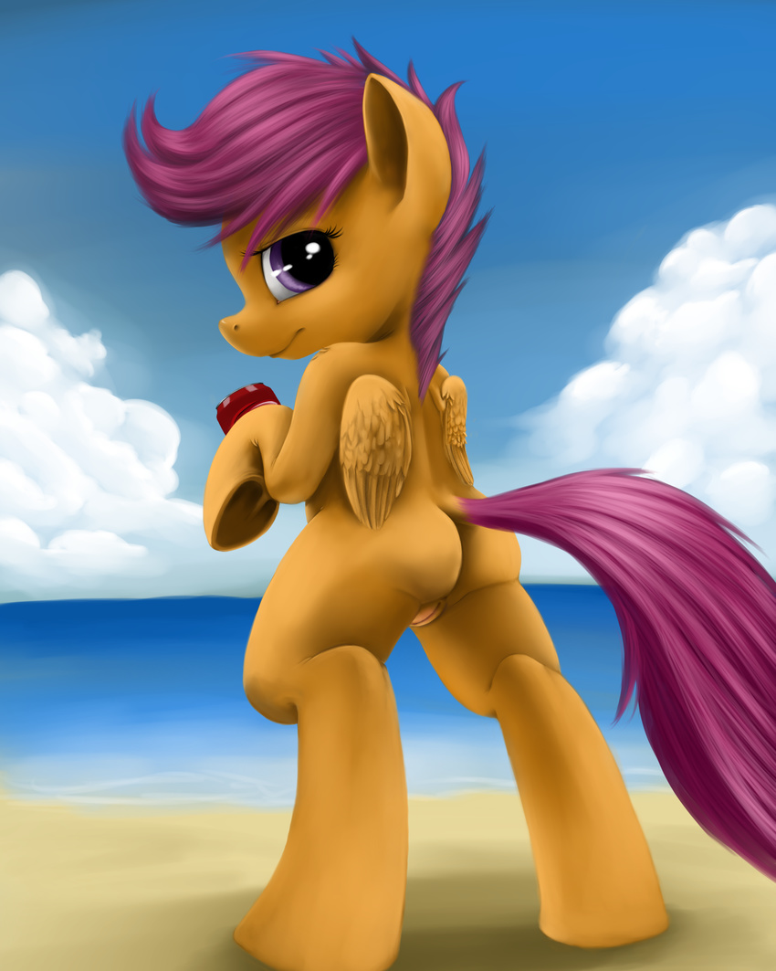 beach butt cub dr._pepper equine female feral friendship_is_magic fur hair horse looking_at_viewer mammal my_little_pony orange_fur pegasus pegsus pony pony-fuhrer purple_eyes purple_hair pussy scootaloo_(mlp) seaside solo tres-apples wings young