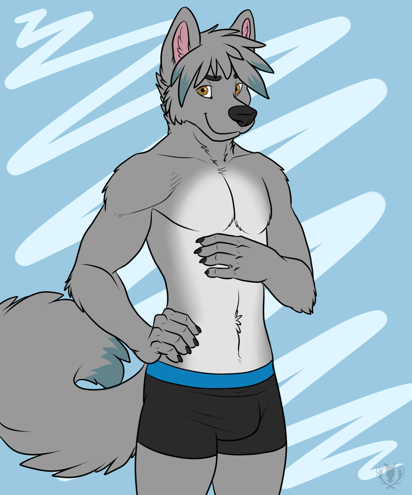 anthro biceps buldge bulge canine crash_azarel cute fur invalid_color looking_at_viewer male mammal muscles pecs plain_background pose smile solo topless underwear vallhund wolf