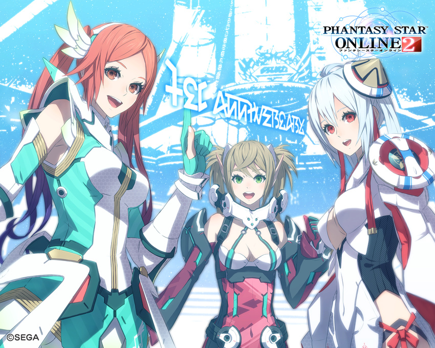 ballistic_coat bare_shoulders breasts brown_hair cleavage cleavage_cutout echo_(pso2) long_hair looking_at_viewer matoi_(pso2) medium_breasts mikoto_cluster miraselia multiple_girls phantasy_star phantasy_star_online_2 pointy_ears quna_(pso2) red_eyes sega smile twintails