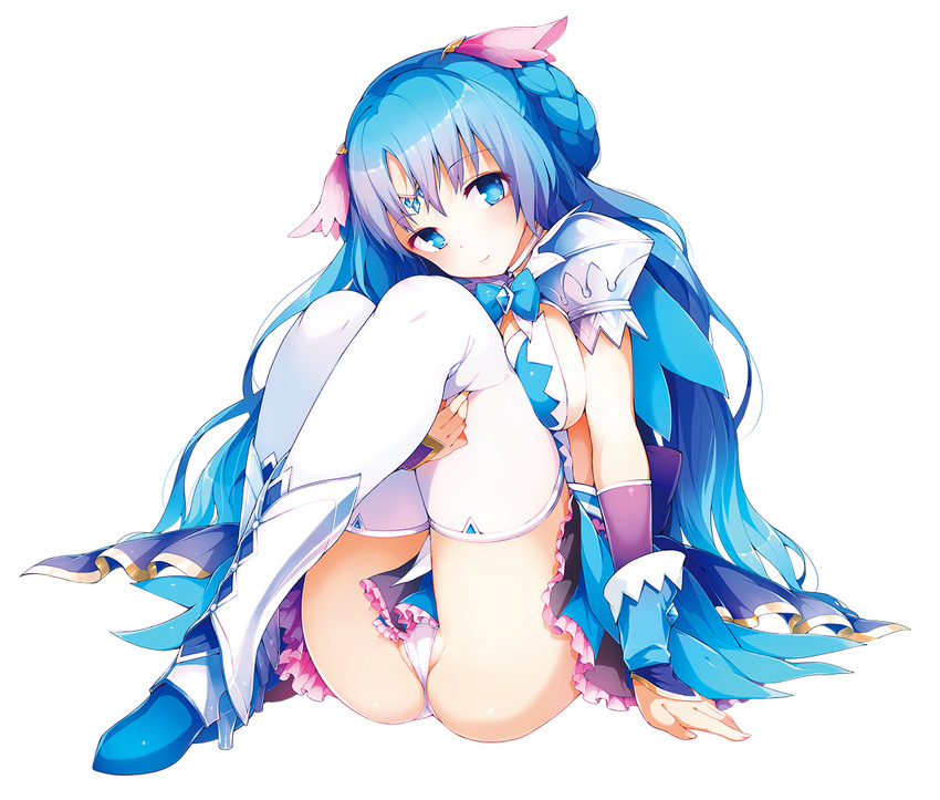 blue_eyes blue_hair boots bow braid breasts character_request elbow_gloves excelsior_to_shoukan_kishi flower gloves hair_flower hair_ornament leg_hug legs long_hair looking_at_viewer medium_breasts momi panties partially_visible_vulva pyon-kichi shoulder_pads sideboob simple_background sitting solo thighhighs tiara underwear upskirt very_long_hair white_background white_legwear white_panties