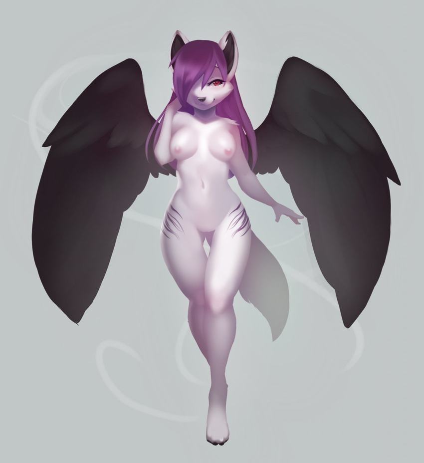 black_wings breasts canine female hair hair_over_eye kanel looking_at_viewer mammal nude purple_hair pussy red_eyes solo spread_wings standing wings wolf