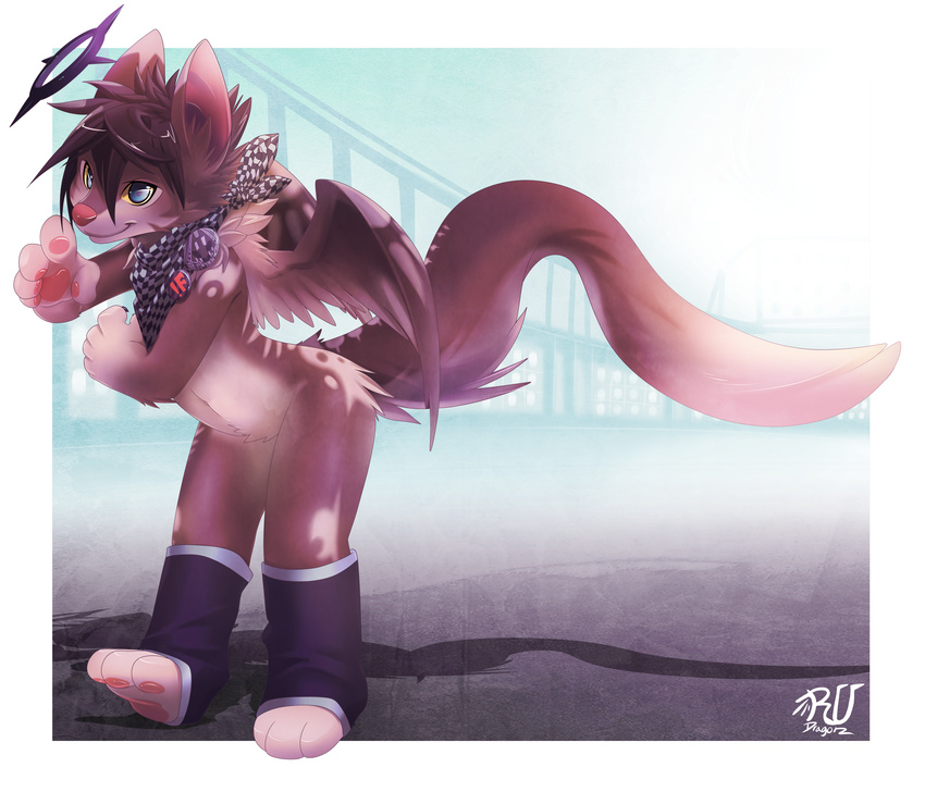 ambiguous_gender bandanna bigger_version_at_the_source blue_eyes brown_fur brown_hair canine fur hair halo hi_res looking_at_viewer mammal pawpads pin rudragon socks solo urban white_fur wings young