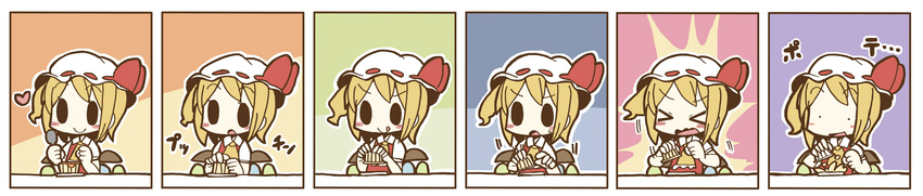 &gt;_&lt; 1girl :d :o adomi blonde_hair blush_stickers closed_eyes flandre_scarlet food hat heart highres left-to-right_manga long_image mob_cap open_mouth pudding sequential side_ponytail smile solid_oval_eyes touhou v-shaped_eyebrows wide_image