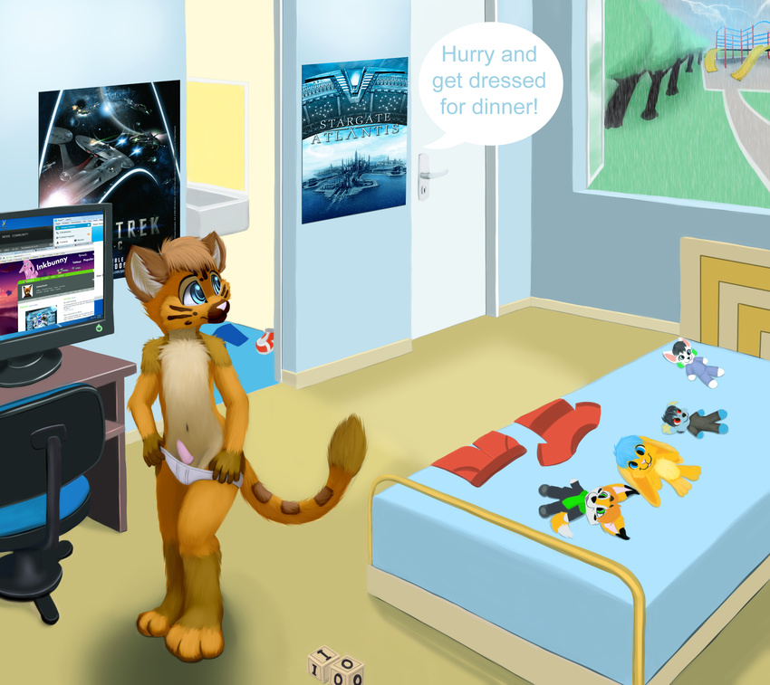 anthro bed bedroom blue_eyes computer cub cute english_text erection feline fluffy fur gay hair jamesfoxbr lion male mammal nude penis plushie poster rain solo text young