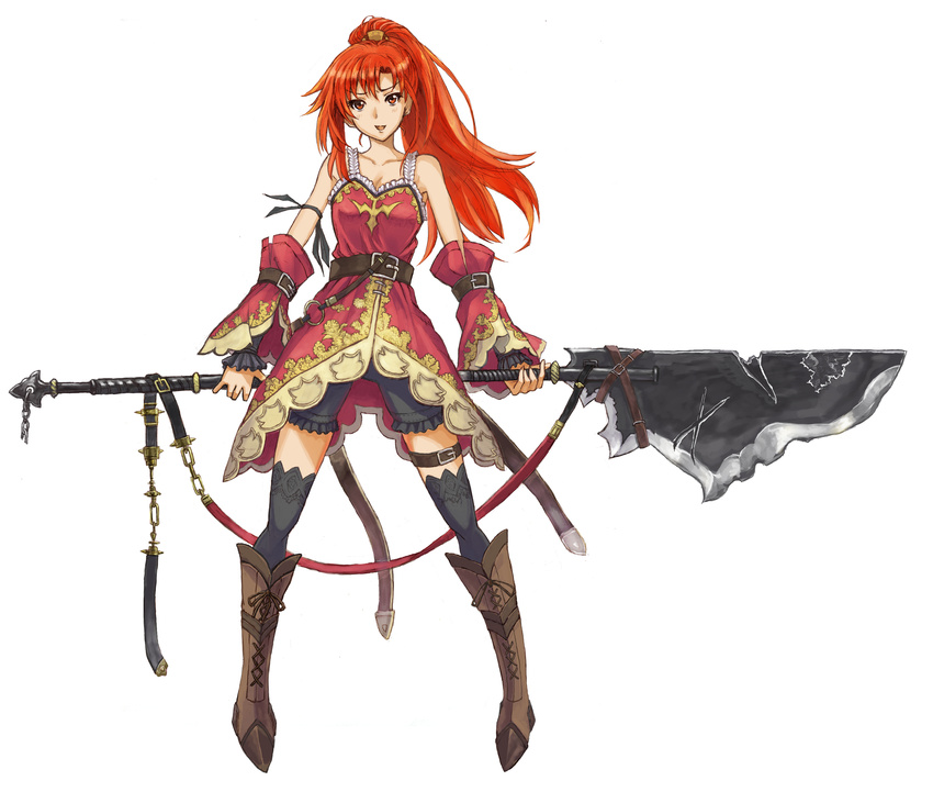 absurdres bare_shoulders belt boots cocoroten collarbone detached_sleeves halberd highres original polearm ponytail red_eyes red_hair shorts simple_background solo weapon white_background