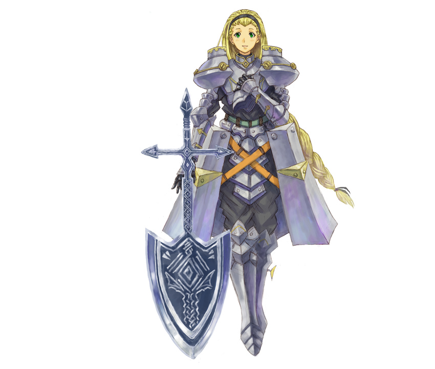 absurdres armor axe blonde_hair braid breastplate cocoroten faulds forehead gauntlets greaves green_eyes hairband highres knight long_hair original pauldrons simple_background solo weapon white_background