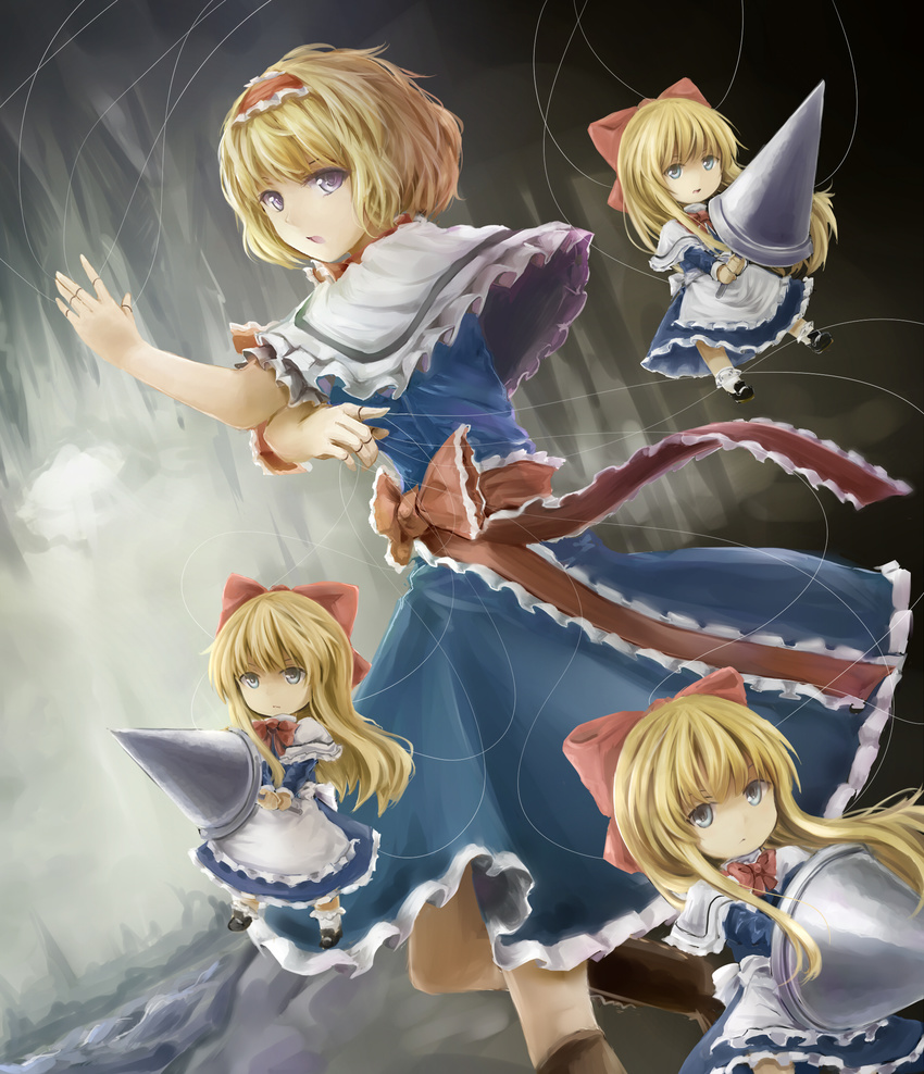 af-henrytz alice_margatroid blue_dress blue_eyes bow capelet dress hair_bow hairband highres jewelry lance lolita_hairband long_hair looking_at_viewer open_mouth polearm puppet_rings puppet_strings ring sash shanghai_doll short_hair touhou weapon
