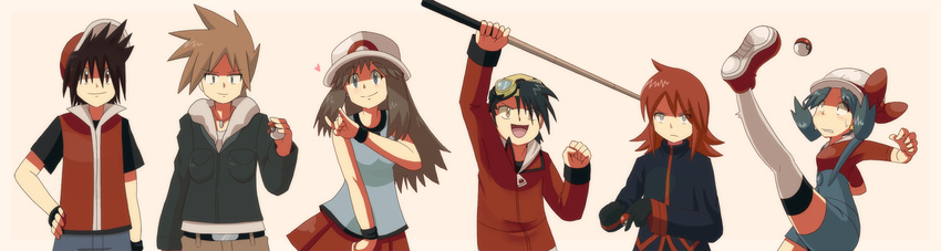 4boys \m/ aonik backwards_hat black_hair blue_(pokemon) blue_eyes bow brown_hair constricted_pupils crystal_(pokemon) cue_stick earrings gloves gold_(pokemon) green_eyes grey_eyes hand_on_hip hat heart highres jewelry kicking lineup long_hair long_image looking_at_viewer looking_up multiple_boys multiple_girls necklace ookido_green overalls parted_lips poke_ball pokemon pokemon_(game) pokemon_frlg pokemon_hgss pokemon_special red_(pokemon) red_eyes red_hair silver_(pokemon) silver_eyes simple_background smile spiked_hair sweatdrop thighhighs twintails white_background wide_image wristband yellow_eyes zettai_ryouiki