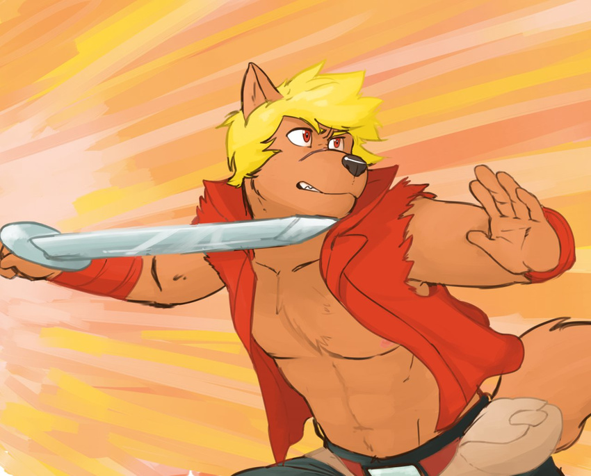 5_fingers anthro bandage black_nose blade blonde_hair canine clenched_teeth fanny_pack fur genchi hair hero jaryl_(character) male mammal nipples red_eyes scar sword teeth weapon wolf