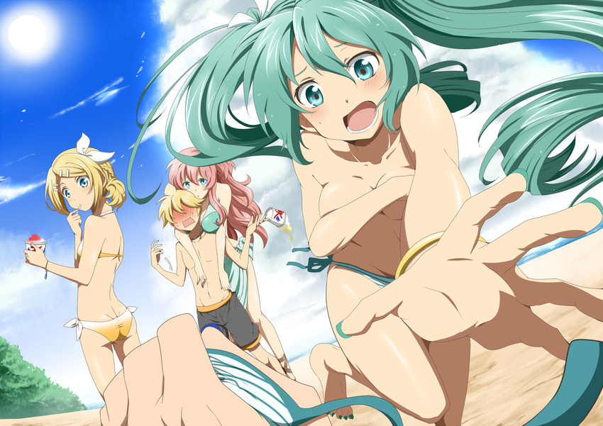 3girls ass assisted_exposure back beach bikini bikini_skirt bikini_top_removed blonde_hair blue_eyes blue_sky blush bracelet breast_smother breasts brother_and_sister cleavage cloud collarbone covering covering_breasts day eating embarrassed full-face_blush green_bikini green_eyes green_hair hair_ornament hair_ribbon hairclip hatsune_miku hetero highres hug hug_from_behind jewelry kagamine_len kagamine_rin large_breasts long_hair looking_at_viewer looking_back male_swimwear megurine_luka multiple_girls nail_polish open_mouth out_of_frame outdoors outstretched_arm outstretched_hand pink_hair pov pov_hands ribbon rumia_(compacthuman) shaved_ice short_hair siblings side-tie_bikini sky spilling striped striped_bikini striped_swimsuit sun swim_trunks swimsuit swimwear toenail_polish very_long_hair vocaloid yellow_bikini
