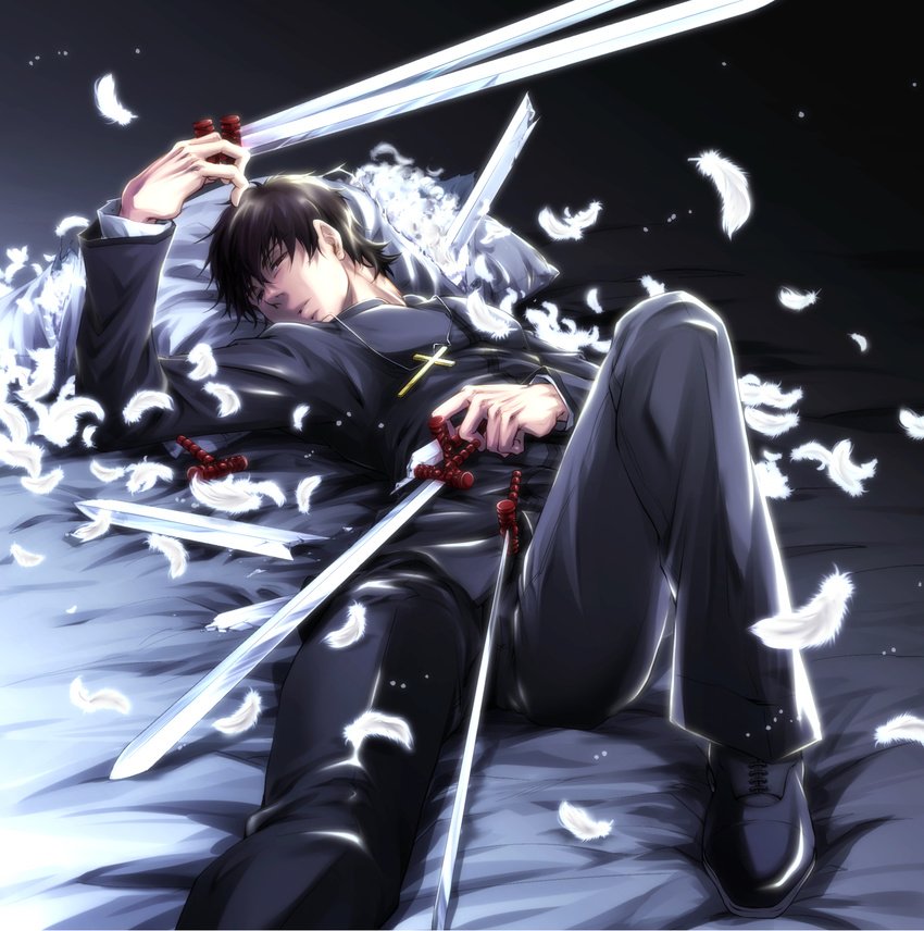 bed black_keys brown_eyes brown_hair cross cross_necklace fate/zero fate_(series) feathers highres jewelry kotomine_kirei male_focus mozukuzukuzuku necklace pillow solo