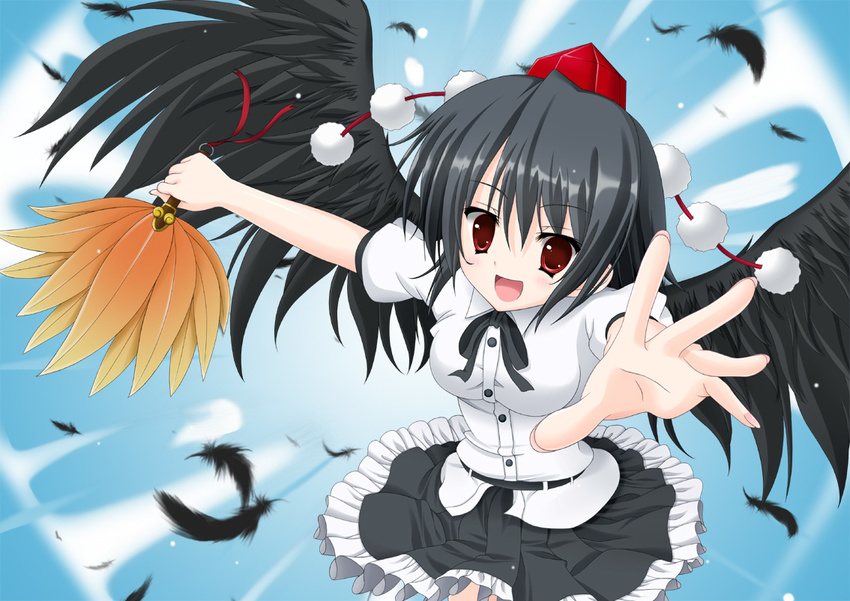 belt black_hair black_wings blush breasts day fan feathers flying hat hauchiwa looking_at_viewer medium_breasts nuenue open_mouth red_eyes shameimaru_aya short_hair short_sleeves skirt sky smile solo tokin_hat touhou wind wings