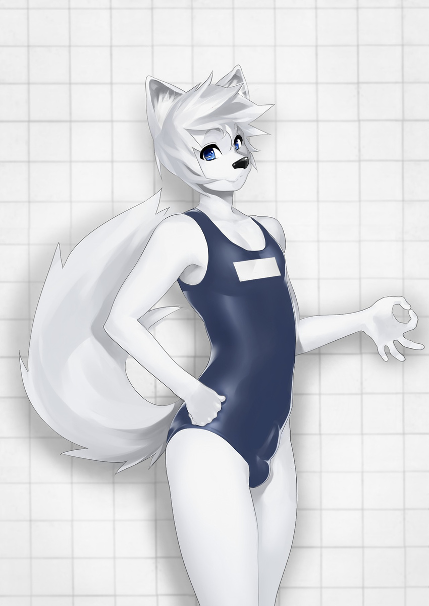 anthro black_nose blue_eyes bulge canine crossdressing dog fangdangler fur girly hair inside looking_at_viewer male mammal one-piece_swimsuit short_hair smile solo swimsuit thighs white_fur white_hair