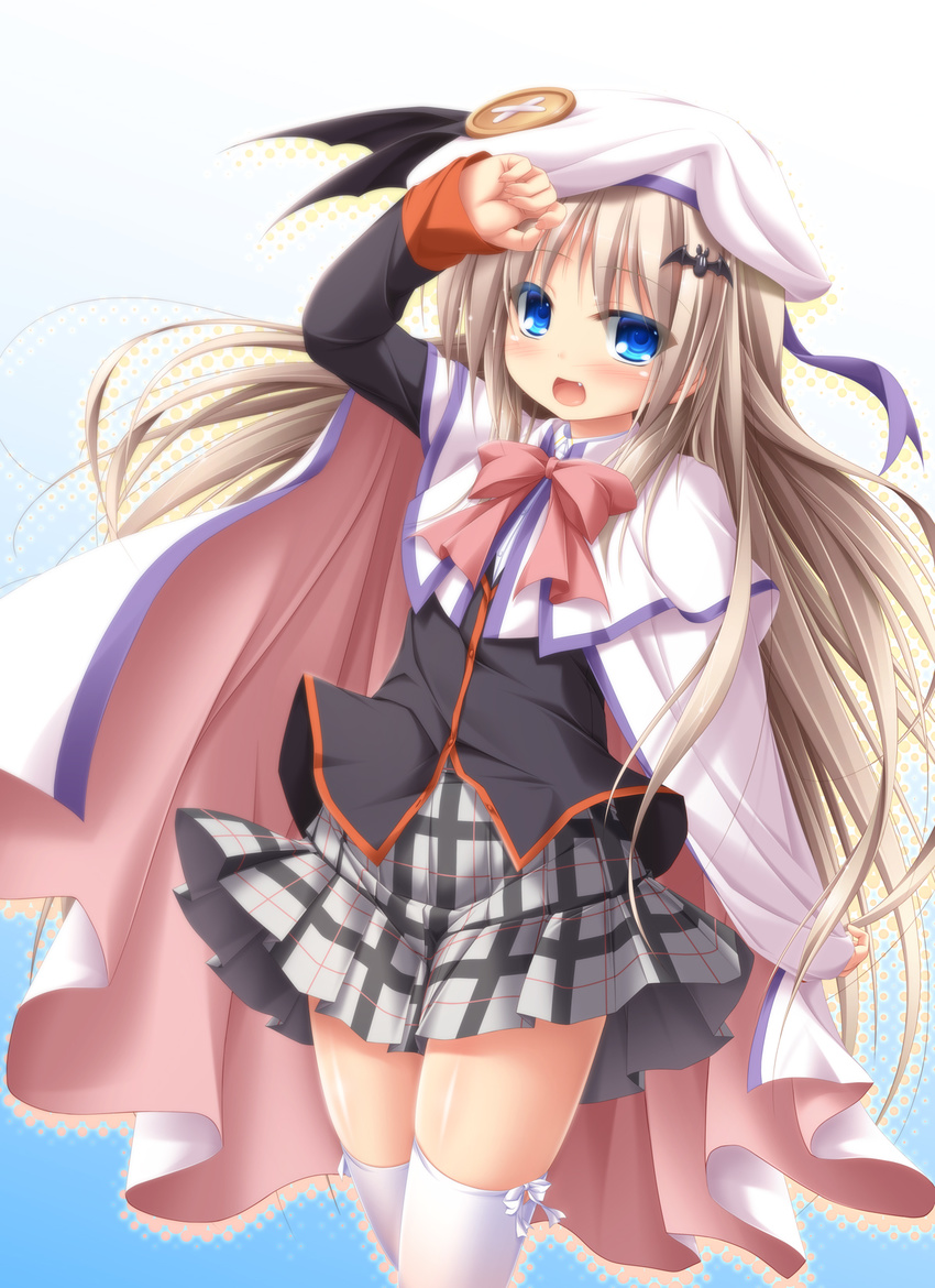 blonde_hair blue_eyes bow cape fang hat highres little_busters! long_hair mizunoe_kotaru noumi_kudryavka pink_bow plaid plaid_skirt school_uniform skirt solo thighhighs very_long_hair