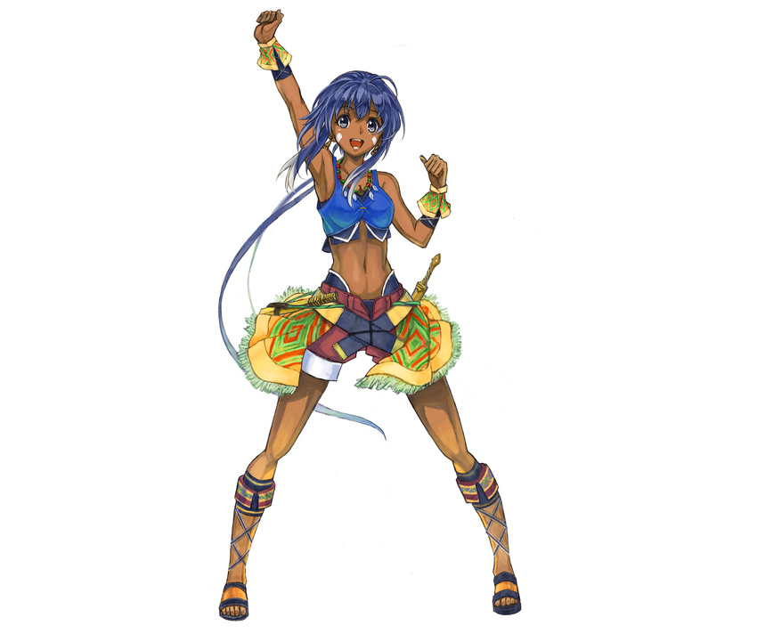 :d absurdres arm_up armpits belt blue_eyes blue_hair cocoroten crop_top dagger dark_skin earrings facial_mark highres jewelry long_hair midriff navel open_mouth original sheath shorts simple_background smile solo weapon white_background