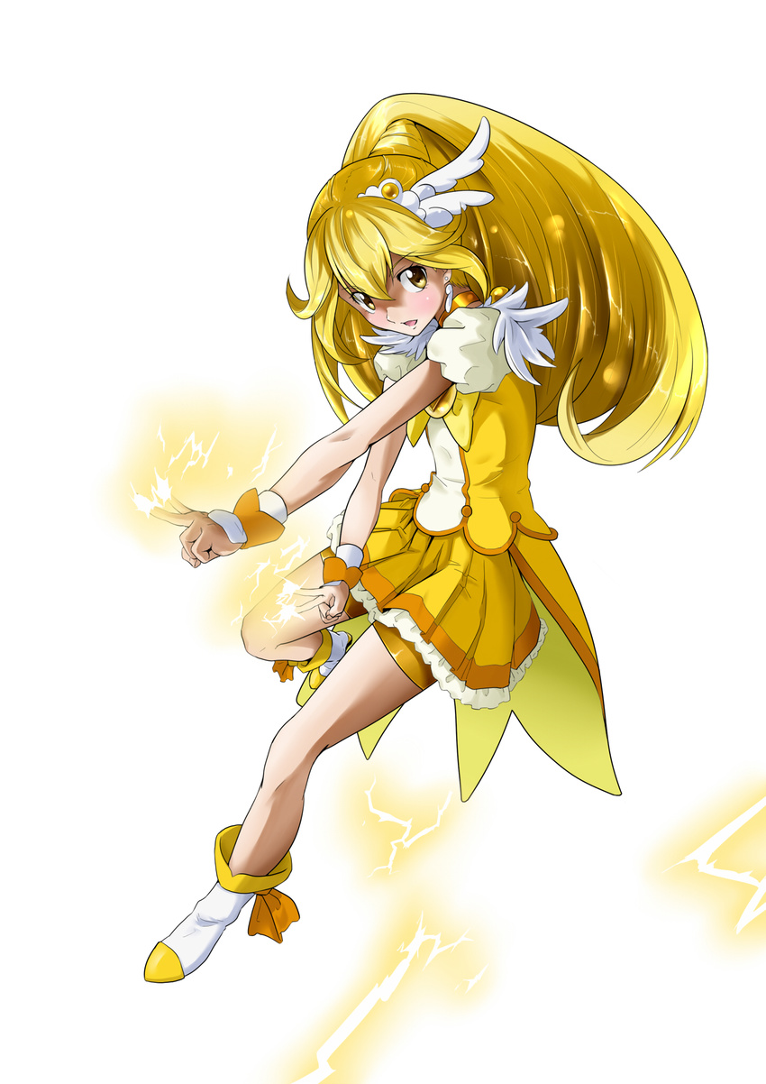 bike_shorts blonde_hair boots bow choker cure_peace double_v electricity hair_flaps highres kise_yayoi long_hair magical_girl nukosann open_mouth ponytail precure shorts shorts_under_skirt skirt smile smile_precure! solo tiara v wrist_cuffs yellow yellow_bow yellow_eyes yellow_shorts yellow_skirt