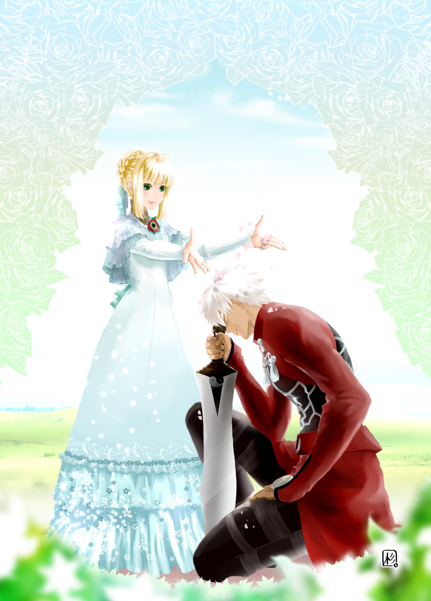 1girl ahoge archer artoria_pendragon_(all) blonde_hair dark_skin dress fate/stay_night fate_(series) green_eyes hair_ribbon highres kanshou_&amp;_bakuya one_knee orthrusugigami38 outstretched_hand planted_sword planted_weapon ribbon saber short_hair smile sword weapon white_hair