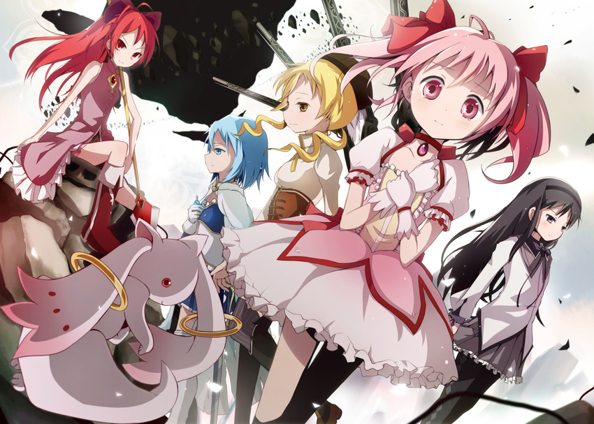 akemi_homura gun kaname_madoka kyubey mahou_shoujo_madoka_magica miki_sayaka pantyhose sakura_kyouko taicho thighhighs tomoe_mami weapon