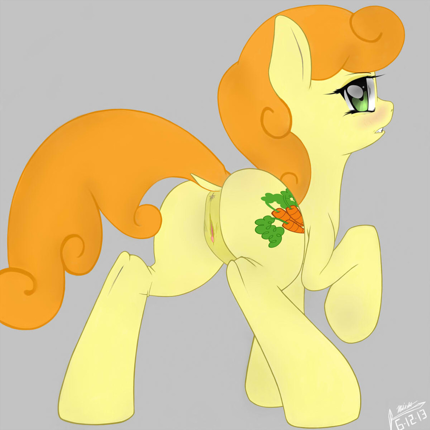 anus blush carrot carrot_top_(mlp) equine female feral friendship_is_magic fur green_eyes hair horse looking_at_viewer looking_back majikplant420 mammal my_little_pony pony pussy solo top yellow_fur